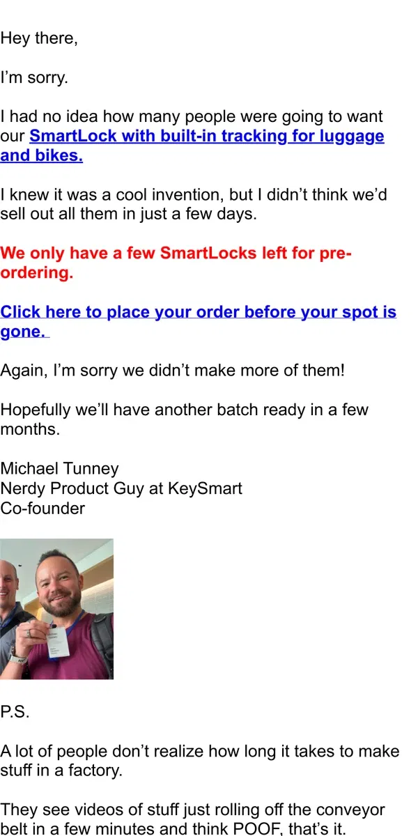 Email from KeySmart. Oops