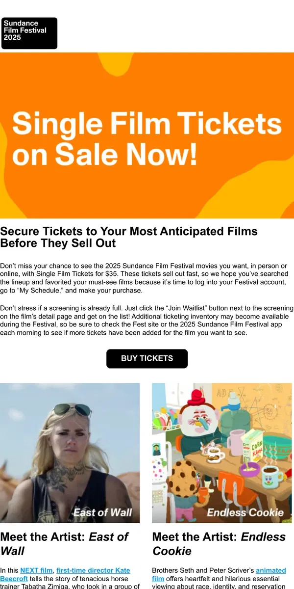 Email from Sundance. Single Film Tickets Are on Sale Now!