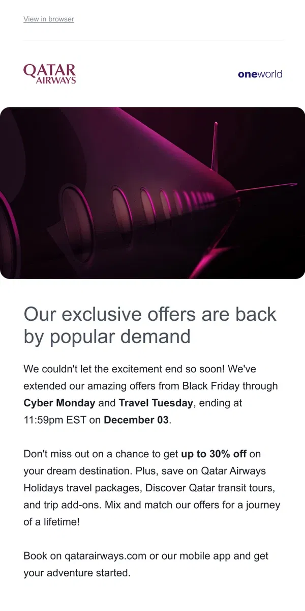 Email from Qatar Airways. Yay! 🎉 Cyber Monday and Travel Tuesday offers are here