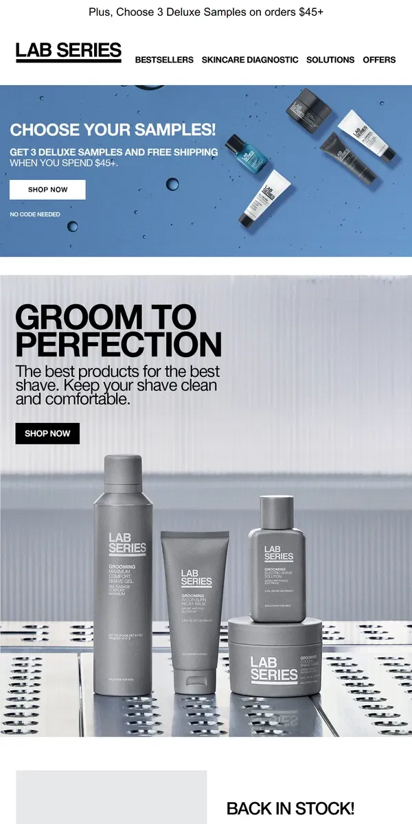 Email from Lab Series. IT'S BACK! Grooming Cooling Shave Cream