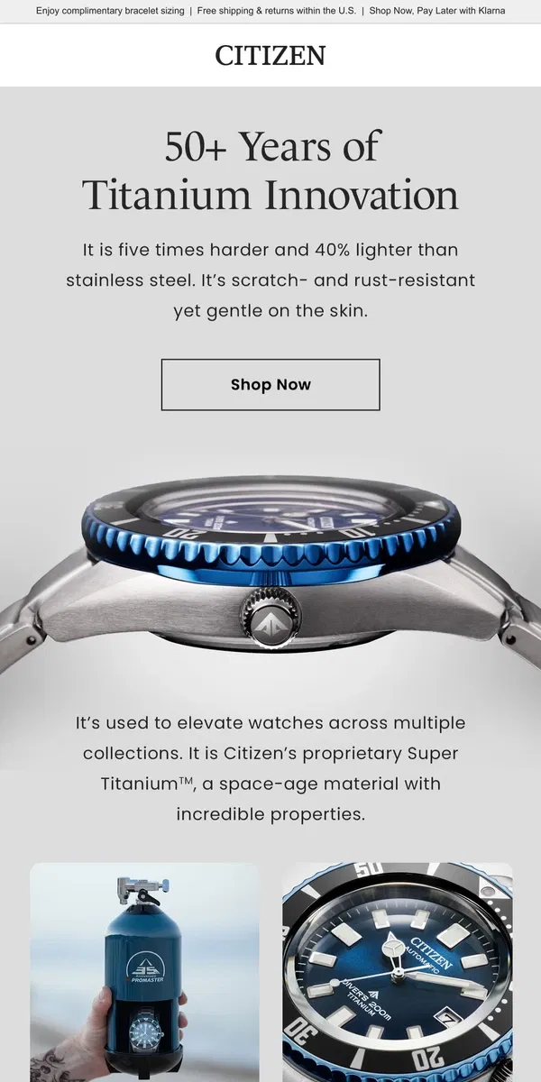 Email from Citizen Watch. Technology Highlight: Super Titanium™