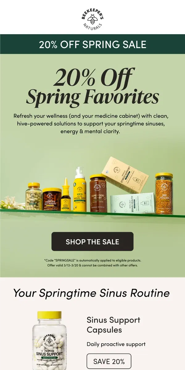 Email from Beekeeper's Naturals. 20% Off STARTS NOW 🐝