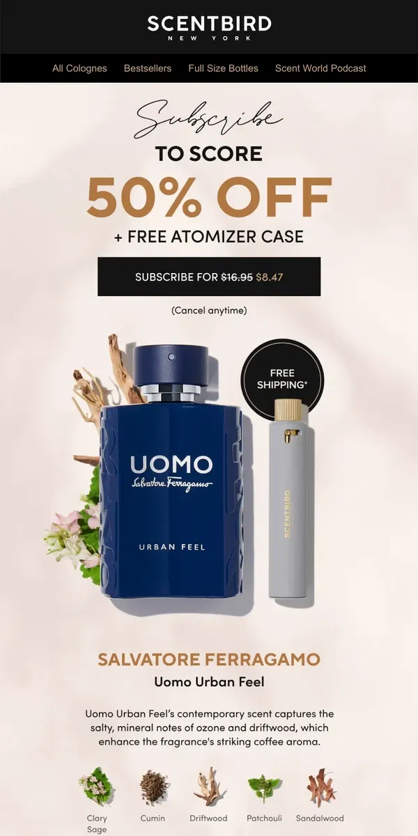 Email from Scentbird. Score 50% off Salvatore Ferragamo