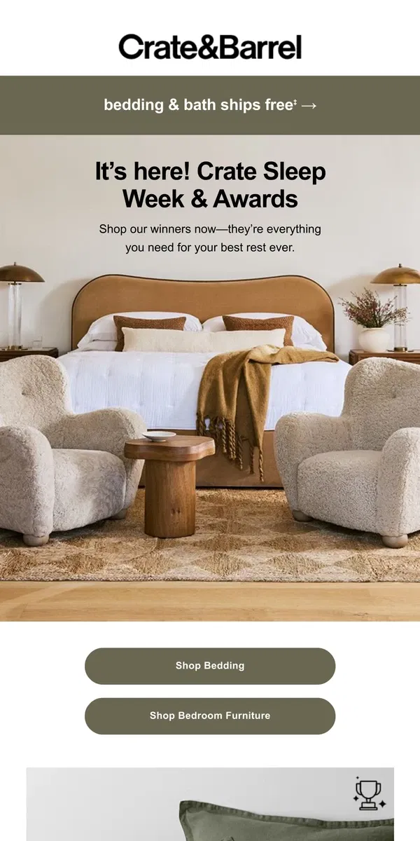 Email from Crate & Barrel. It’s Sleep Week! Award-winners for your coziest night ever →