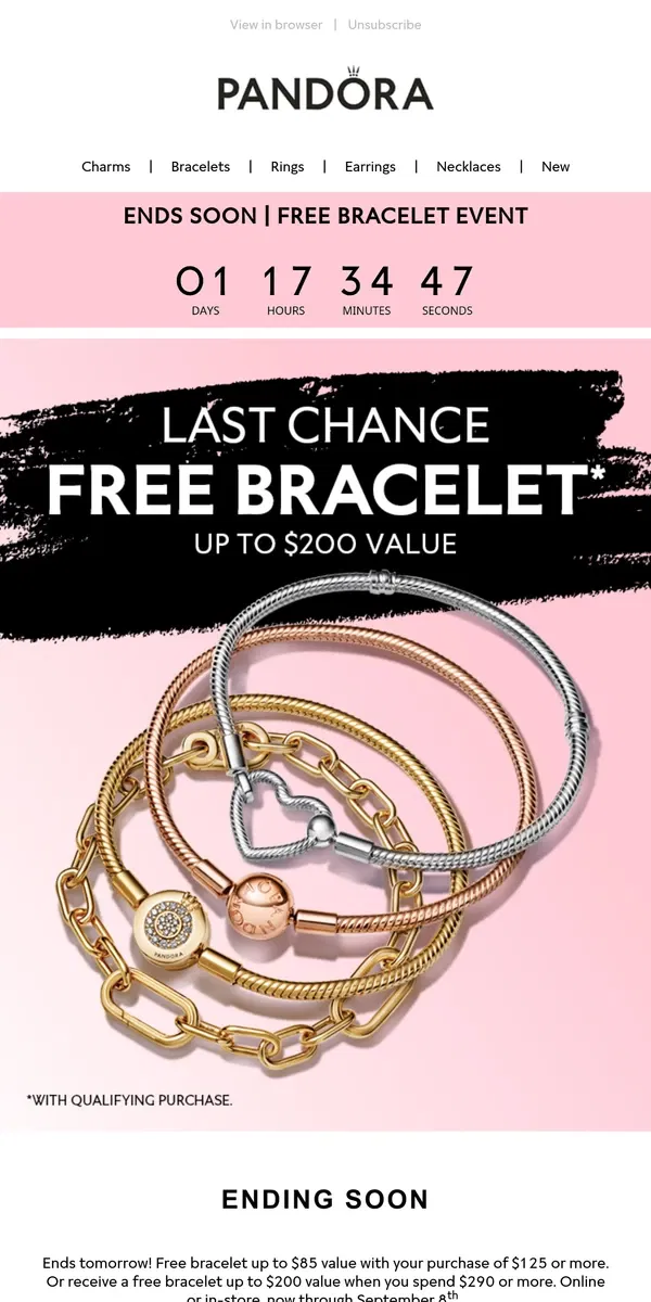 Email from Pandora Jewelry. LAST CHANCE for your free bracelet!