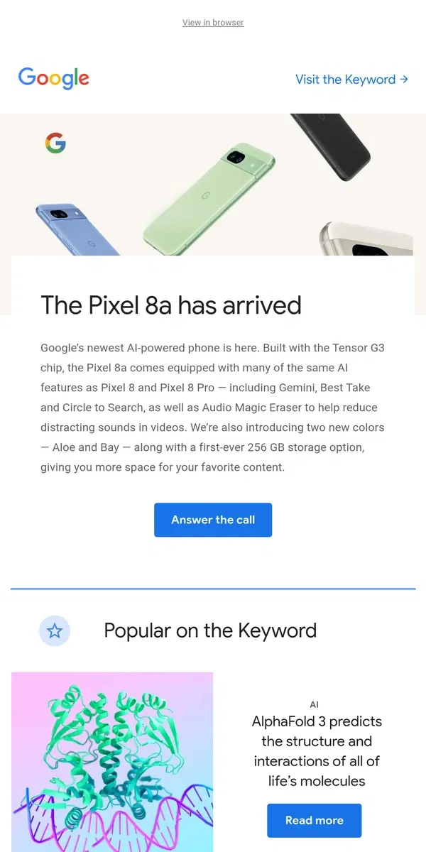 Email from Google. Your first look at the new Pixel 8a