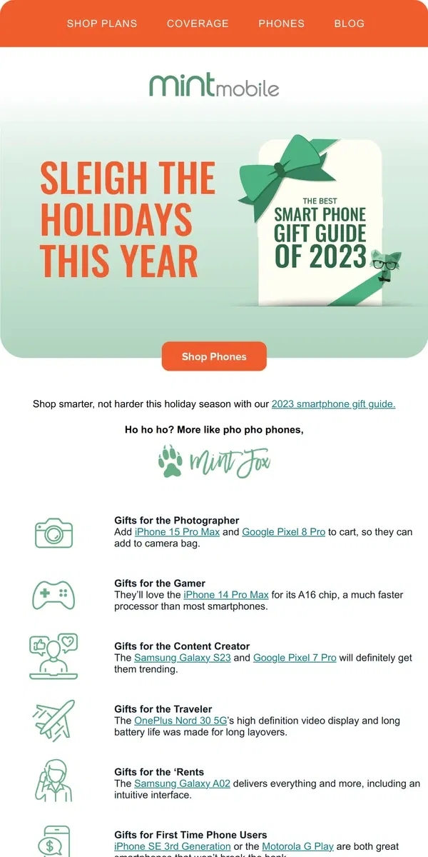 Email from Mint Mobile. The smartphone gift guide of 2023 is here