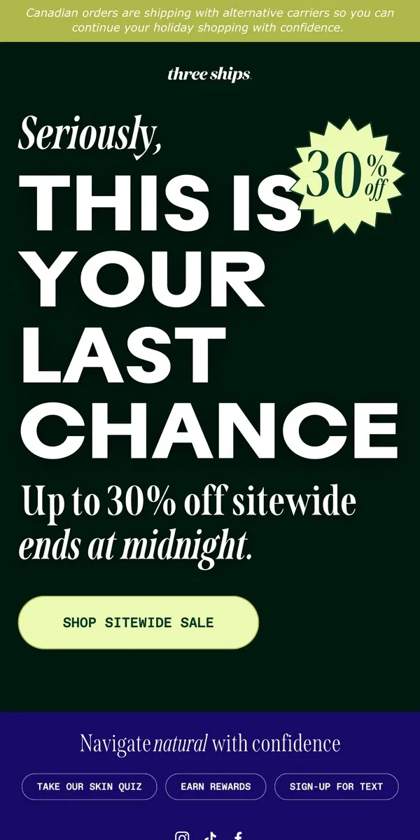 Email from Three Ships Beauty. You're about to lose 30% off