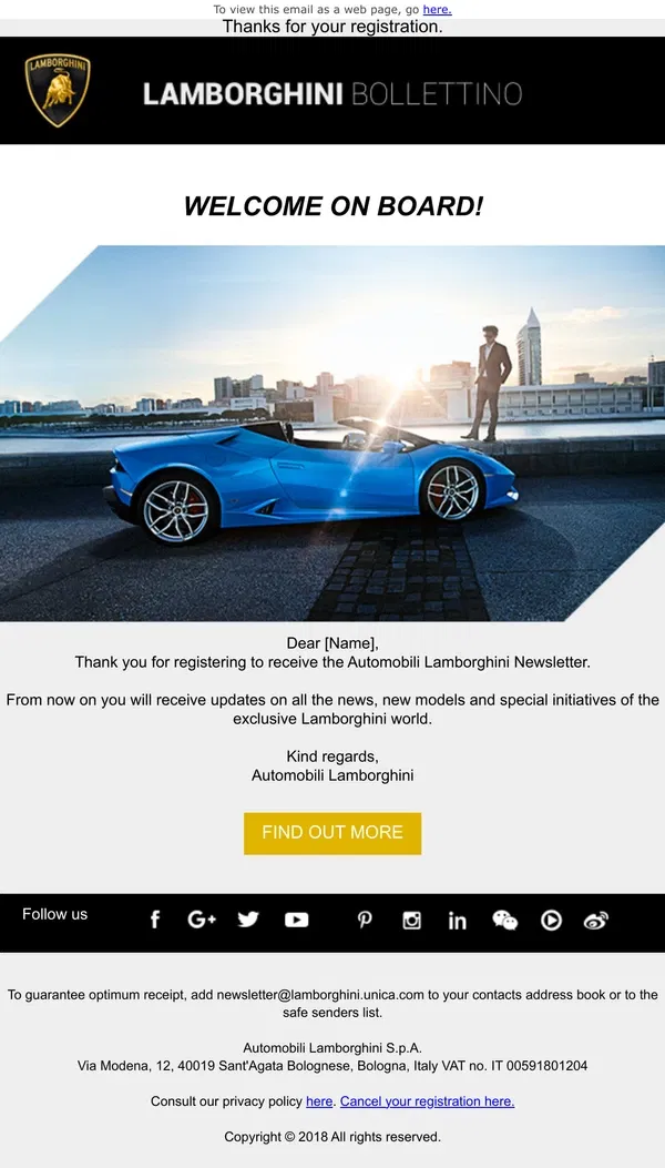 Email from Lamborghini. Welcome to Lamborghini Newsletter