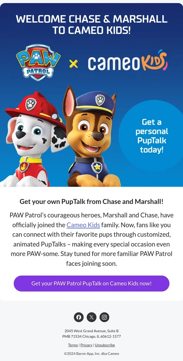 Email from Cameo. Need a rescue? Meet the PAW Patrol now on Cameo Kids!