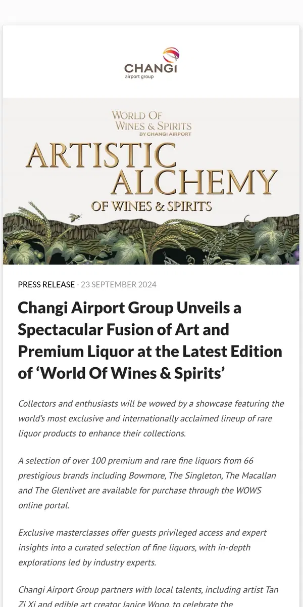 Email from Changi Airport. Changi Airport Group Unveils a Spectacular Fusion of Art and Premium Liquor at the Latest Edition of ‘World Of Wines & Spirits’