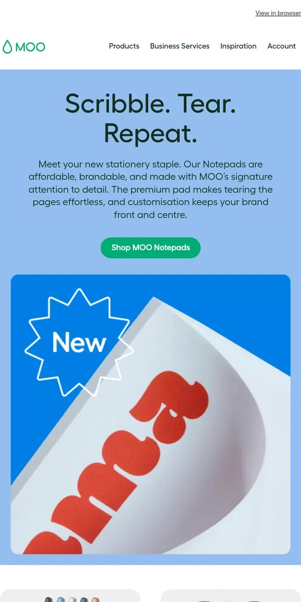 Email from MOO. NEW Notepads 🖊️ Get your brand out there