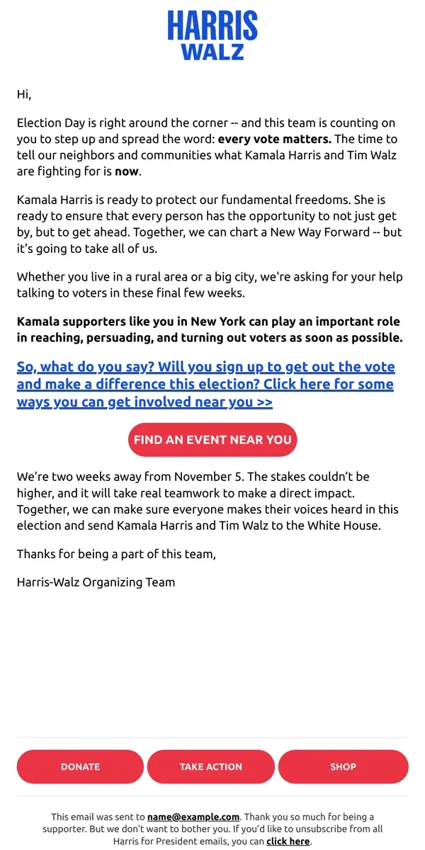 Email from Kamala Harris. Find a Harris-Walz volunteer event near you >>