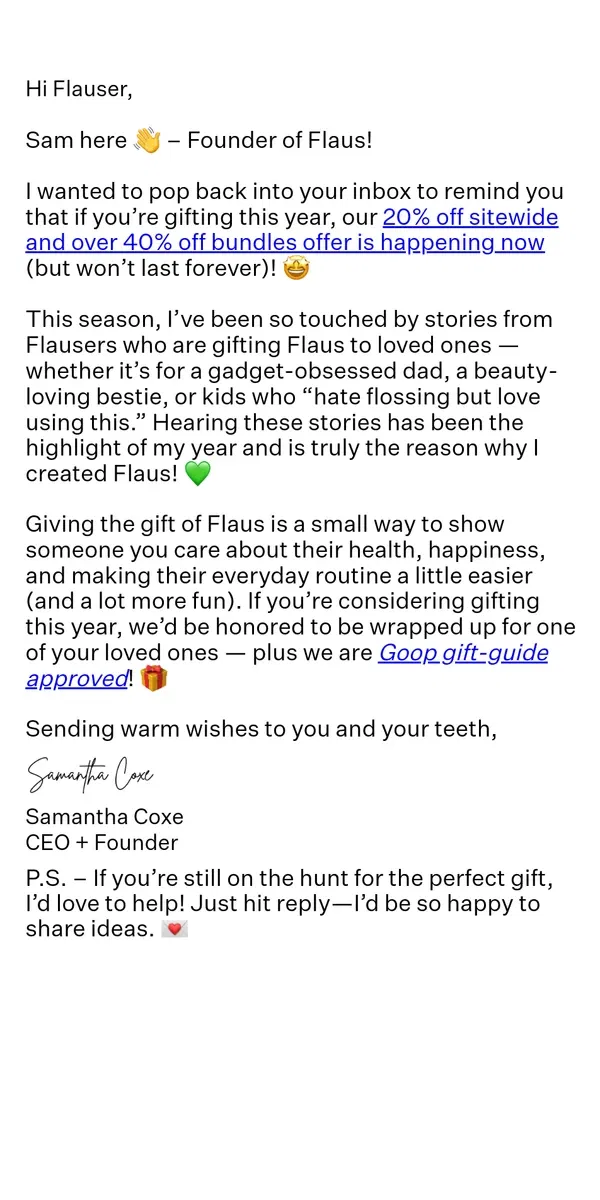 Email from Flaus. A Note from Sam ✉️ 💚