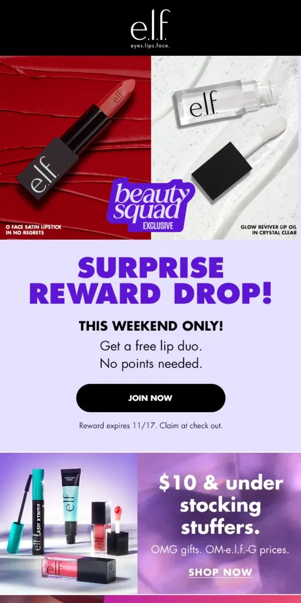 Email from e.l.f.. THIS WEEKEND ONLY! Get a FREE lip duo 💄