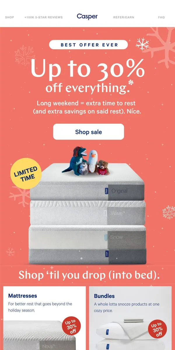 Email from Casper. Best Offer 🚨 Up to 30% off mattresses and bundles‼️