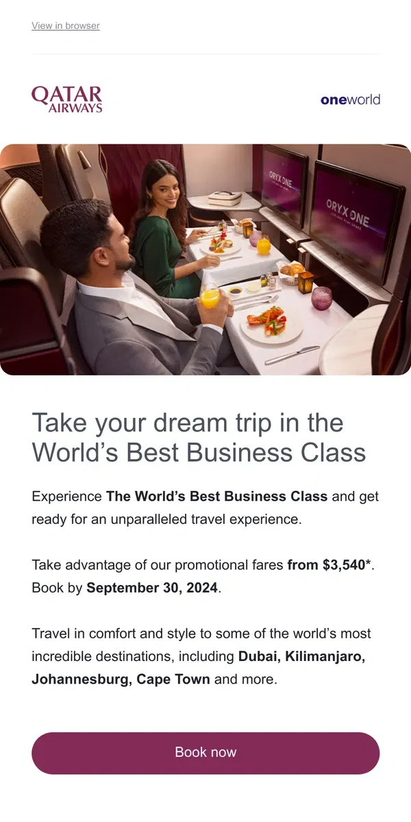 Email from Qatar Airways. Take your dream trip in the World’s Best Business Class