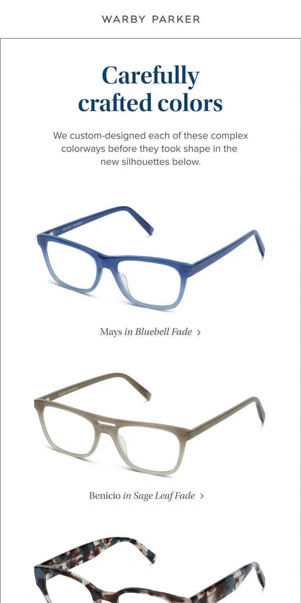 Email from Warby Parker. New, custom colorways just landed