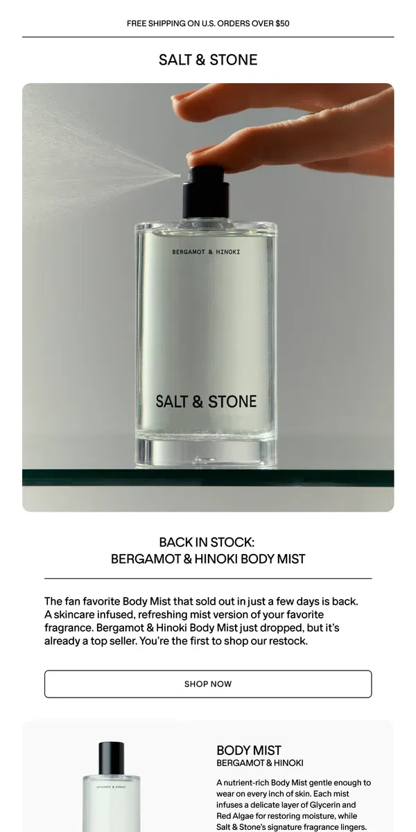 Email from SALT & STONE. Back in Stock -> Bergamot Body Mist