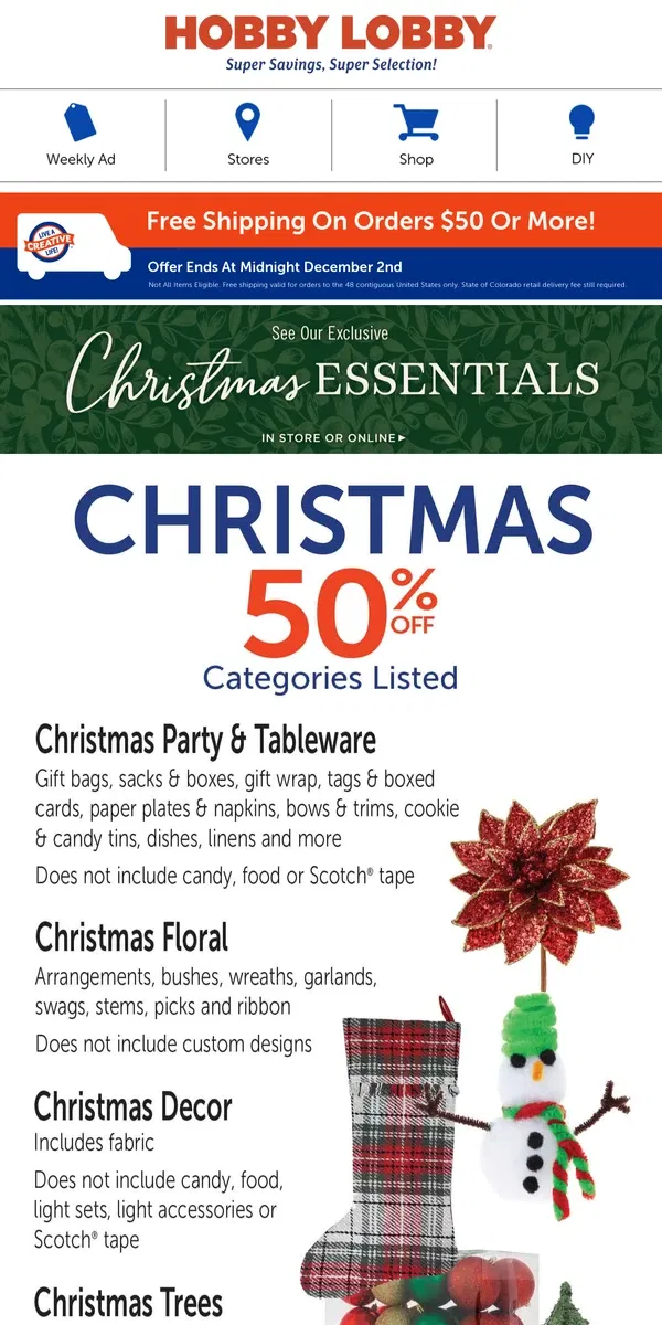 Email from Hobby Lobby. Hurry & Decorate With 50% Off Christmas Decor ✨