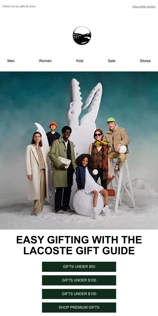 Email from Lacoste. Gifts for every price point.