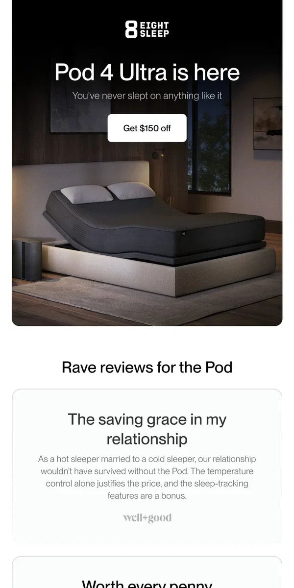 Email from Eight Sleep. “The Pod is the saving grace in my relationship”