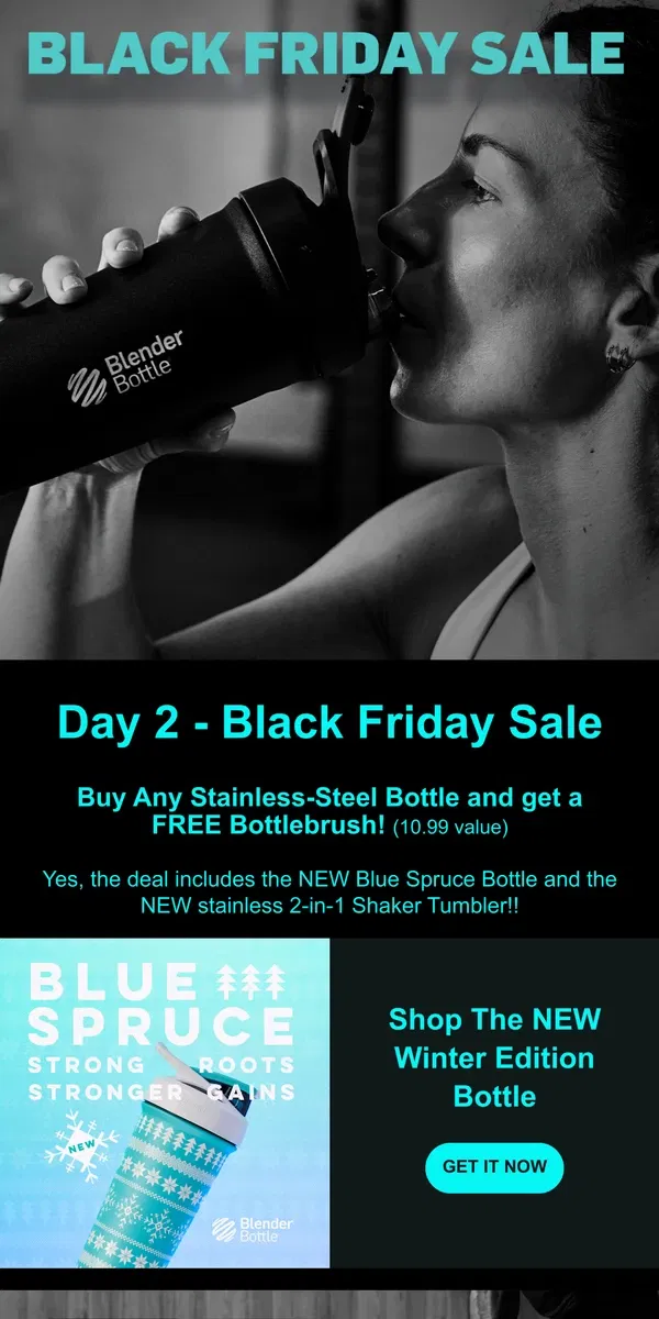 Email from BlenderBottle. NEW WINTER BOTTLE and Day 2 ✌️- BLACK FRIDAY SALE