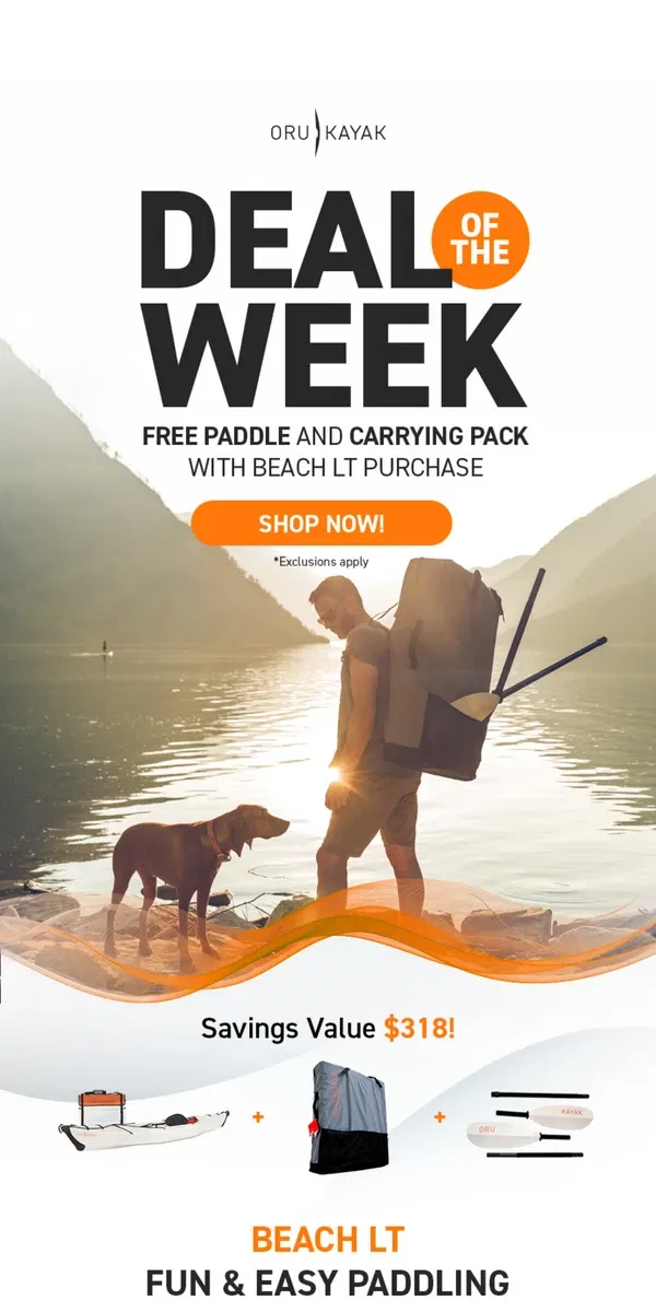 Email from Oru Kayak. Beach LT ⚡ FREE Paddle + Pack ($318 Value)