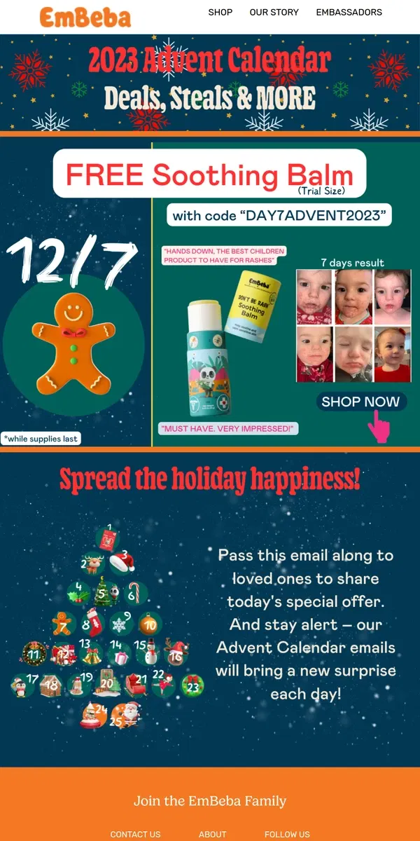 Email from EmBeba. 🎉 Day 7 Magic: Claim Your Free Soothing Balm TS with Our Advent Surprise! 🌟