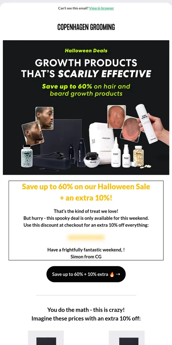 Email from Copenhagen Grooming. Halloween Extreme deal (60% + Extra 10% off) 🎃