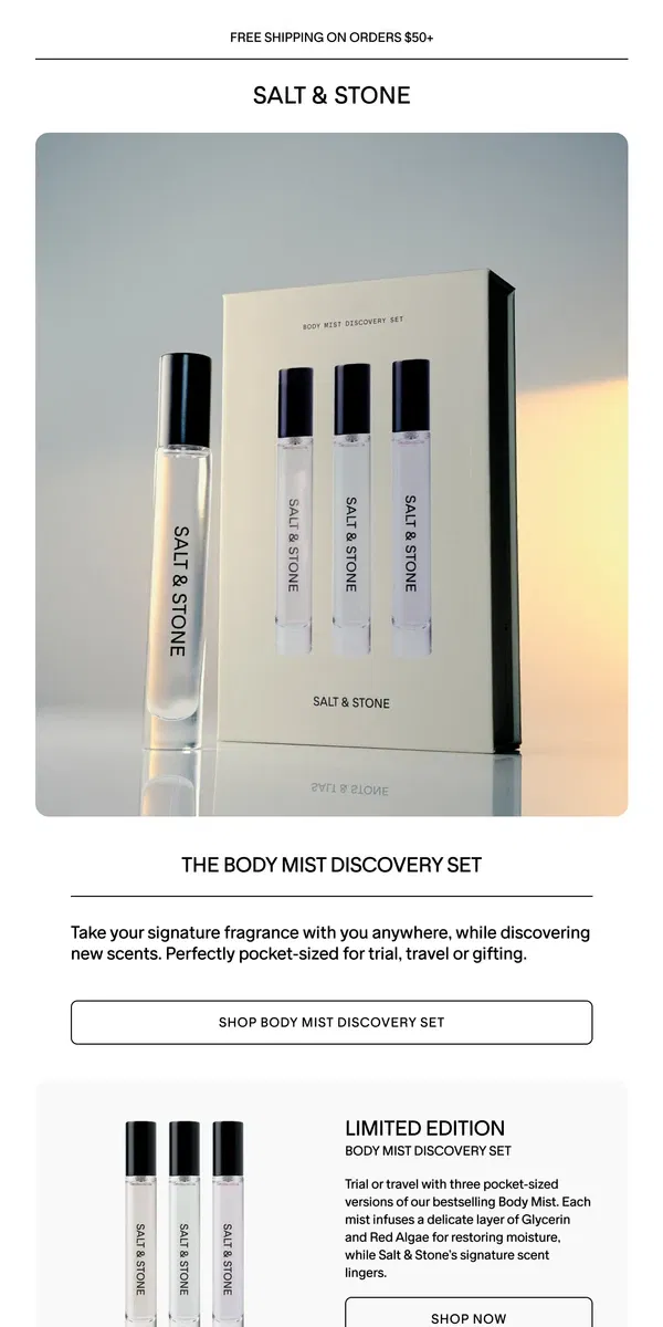 Email from SALT & STONE. Introducing The Body Mist Discovery Set