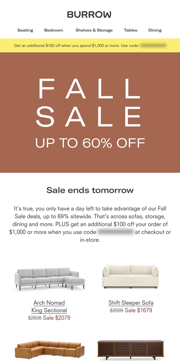 Email from Burrow. Don't miss out on Fall Sale savings