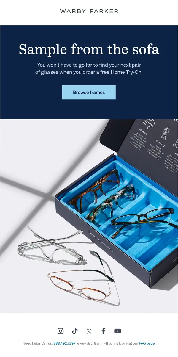 Email from Warby Parker. 5 pairs, 5 days, totally free