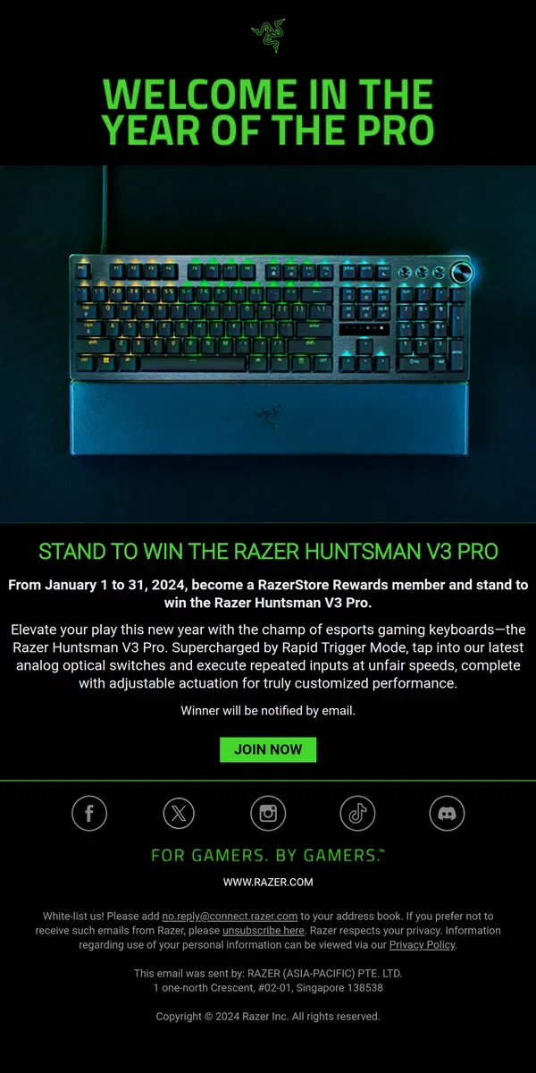 Email from Razer. Stand to Win the Razer Huntsman V3 Pro