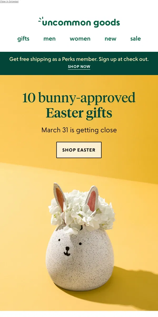 Email from Uncommon Goods. 10 bunny-approved Easter gifts