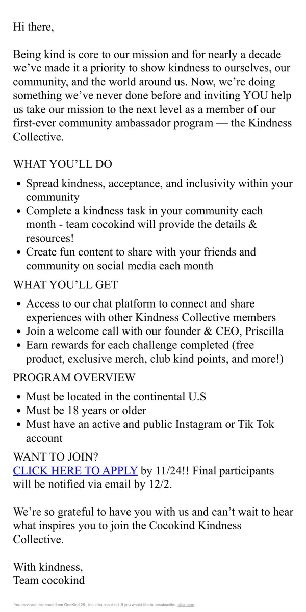 Email from cocokind. Calling all community ambassadors!!