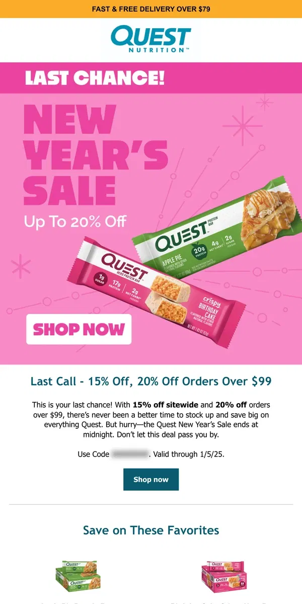 Email from Quest Nutrition. Final Hours: up to 20% off ends today 🕛