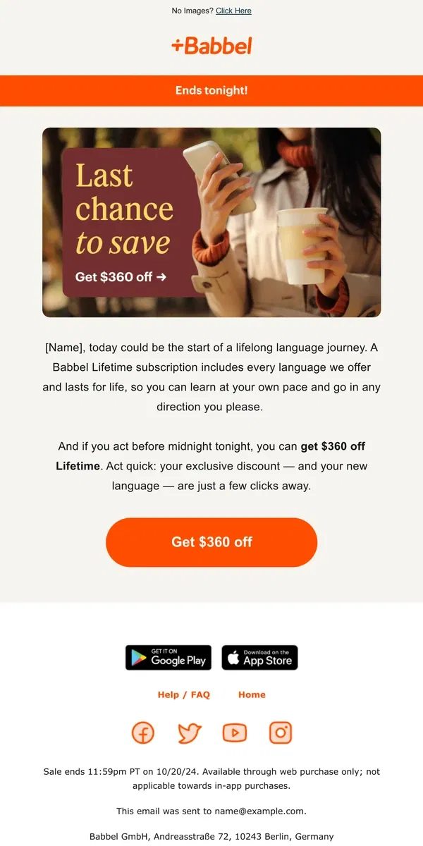 Email from Babbel. 👋 So long, farewell to $360 off Lifetime