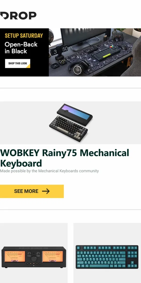 Email from Drop. WOBKEY Rainy75 Mechanical Keyboard, Douk Audio VU3 PRO Amplifier/Speaker Switcher With VU Meter, Terra Keycaps Chalk PBT Keycap Set and more...