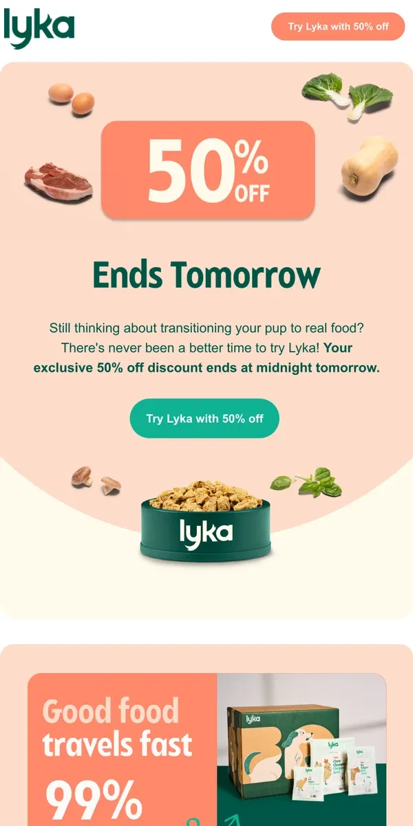 Email from Lyka. Ends tomorrow! 50% off for your pup 💸