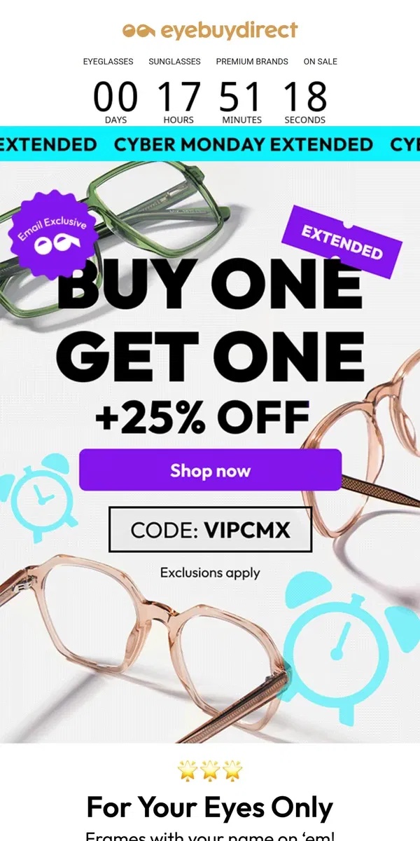 Email from Eyebuydirect. 24 HOURS ONLY: Buy 1 Get 1 Free + 25% Off  🚨🚨