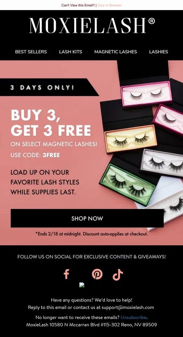 Email from MoxieLash. ✨Buy 3, Get 3 FREE Won't Last Long!