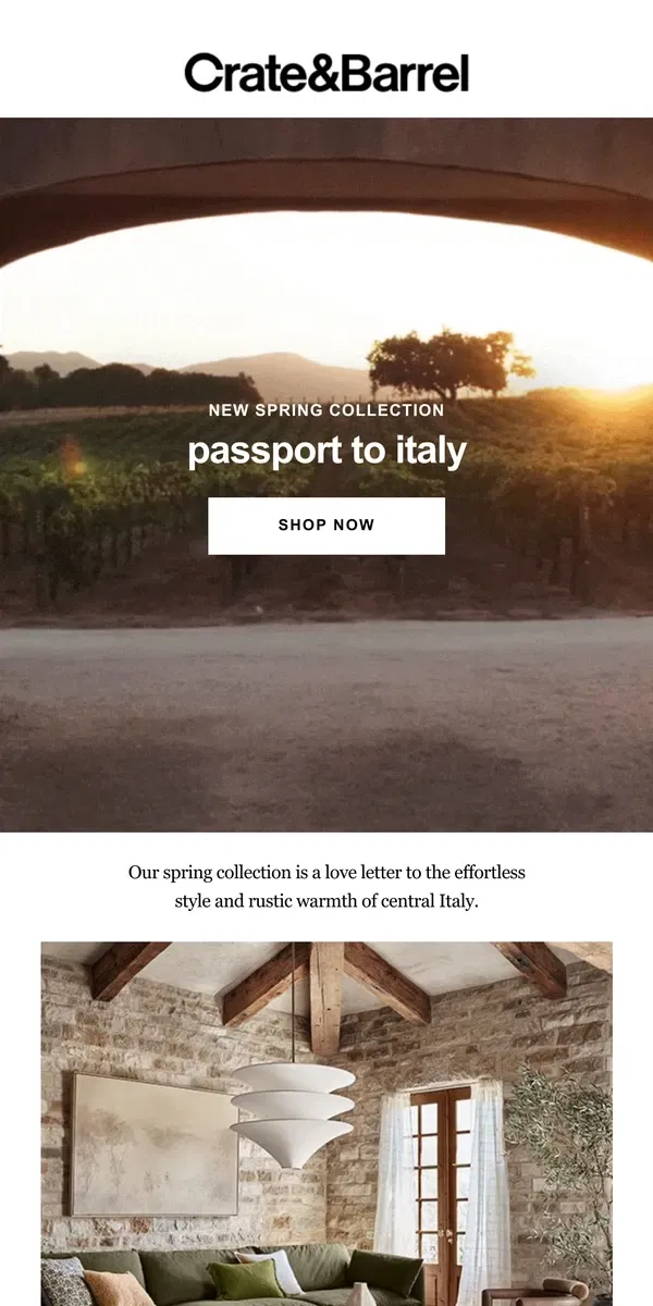 Email from Crate & Barrel. LOOKBOOK: Passport to Italy