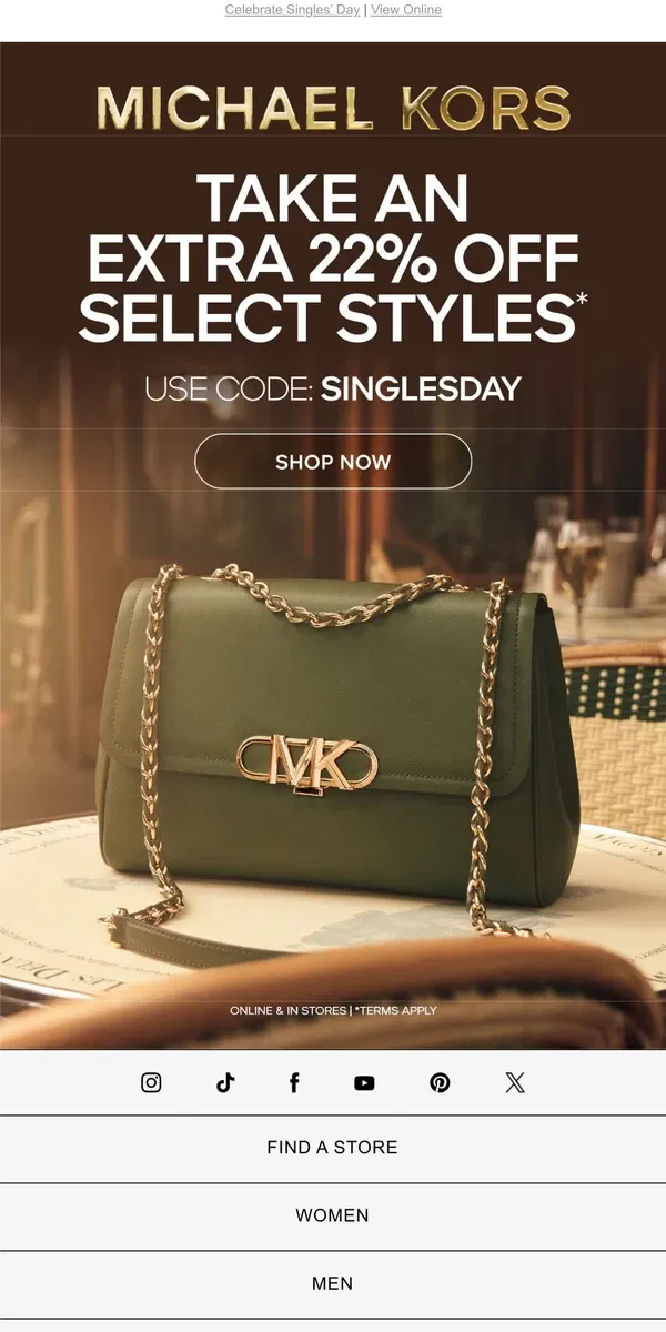 Email from Michael Kors. Five Days Only: Extra 22% Off Select Styles