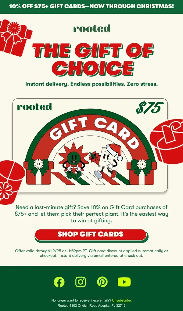 Email from Rooted. Send a gift card, save 10%