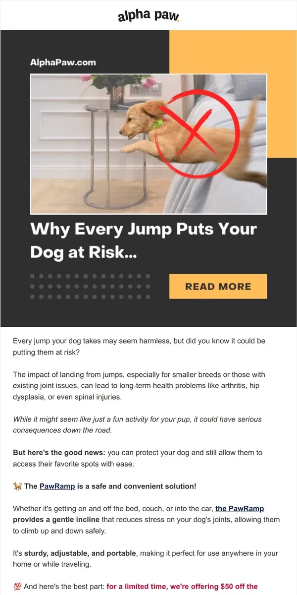 Email from Alpha Paw. 🚨 Why Every Jump Puts Your Dog at RISK