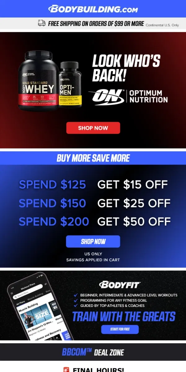 Email from Bodybuilding.com. 🚨 FINAL HOURS to Buy More, SAVE More! 🚨 + Best Foods for Gaining Muscle!