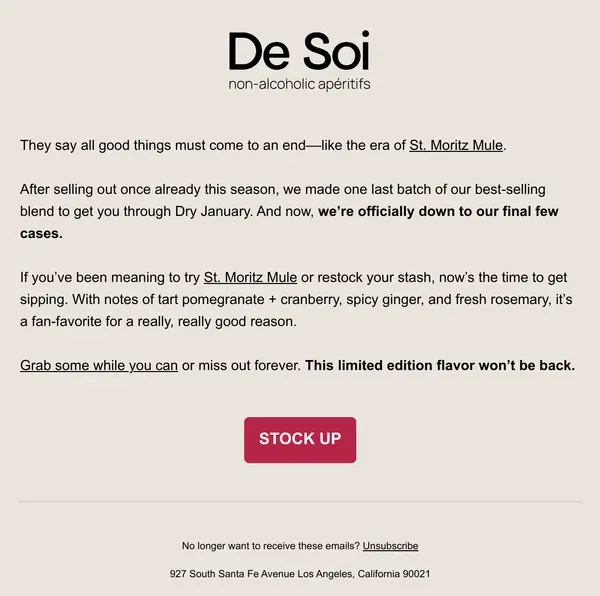 Email from De Soi. Last Call: St. Moritz Mule is Almost Gone