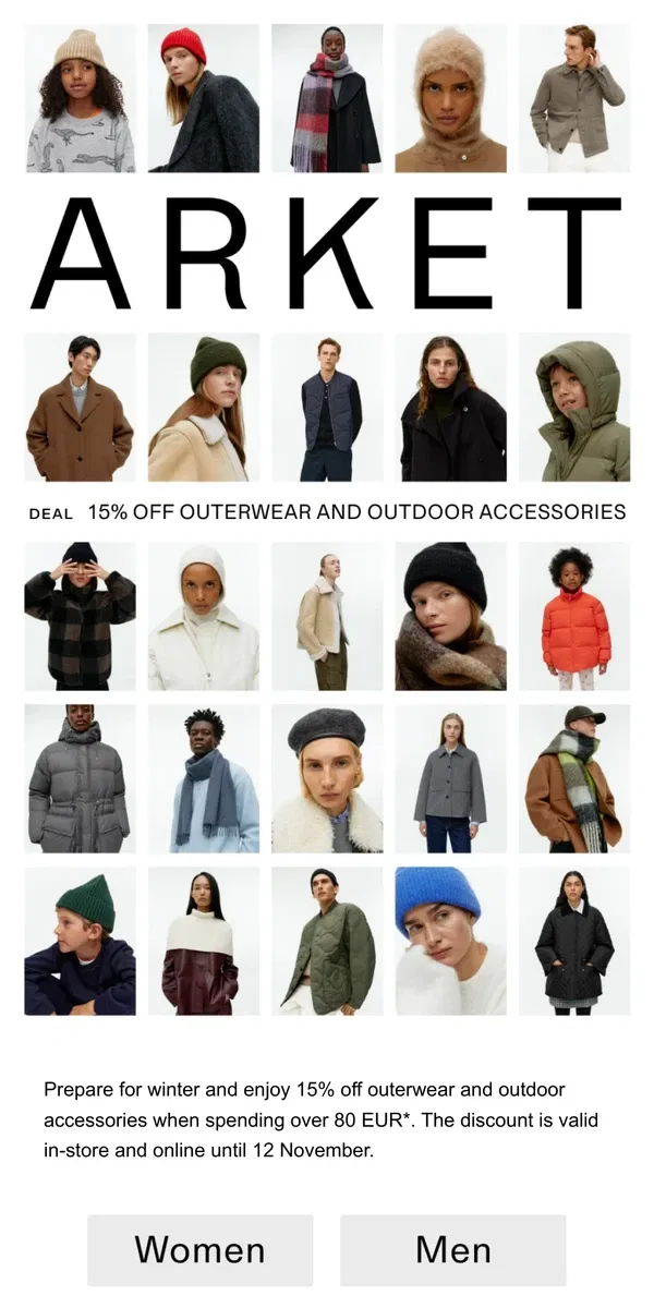 Email from ARKET. 15% off outerwear and outdoor accessories