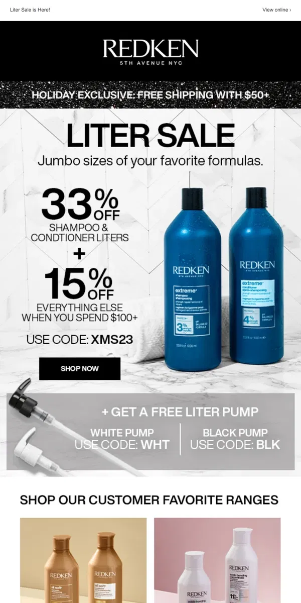 Email from Redken. 33% off Liters! + 15% off Everything Else!